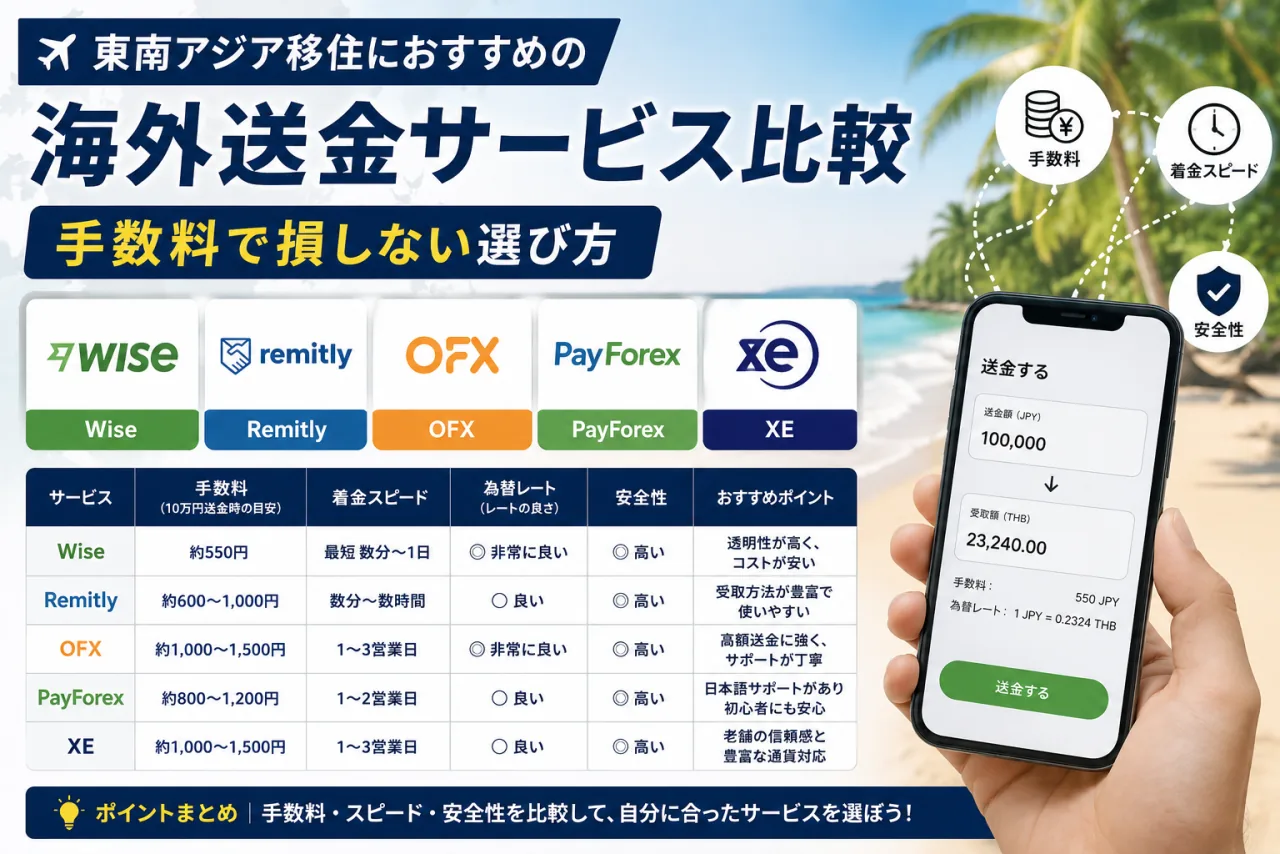 東南アジア移住向け海外送金サービス比較（Wise・Remitly・OFX・PayForex・XE）の手数料・着金スピード・安全性の比較表
