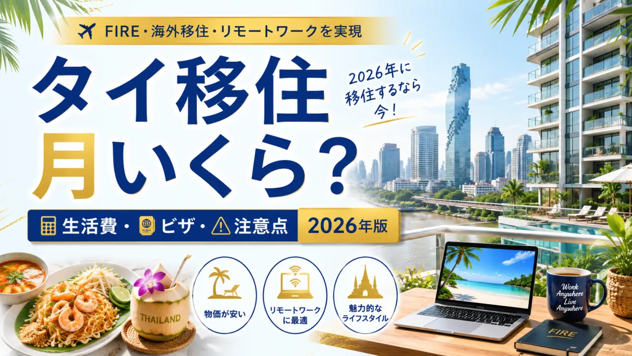 バンコクの高層ビル群とリバーサイドの高級コンドミニアム、タイ料理を背景にした『タイ移住 月いくら？生活費・ビザ・注意点 2026年版』のアイキャッチ