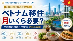 ホーチミンの高層ビル群とリバーサイド、フォーとバインミー・ベトナムコーヒーを背景にした『ベトナム移住 月いくら必要？生活費の内訳と注意点 2026年版』のアイキャッチ