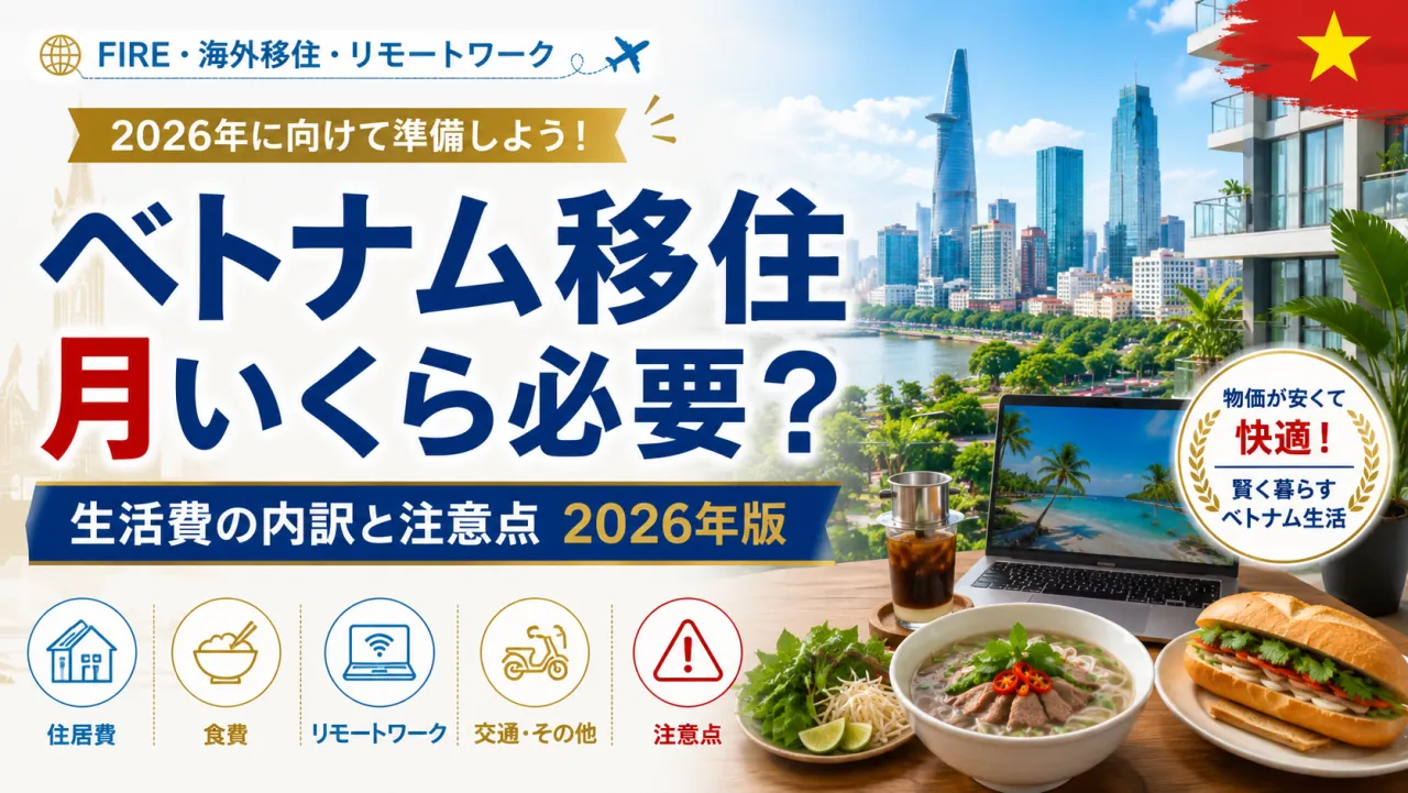 ホーチミンの高層ビル群とリバーサイド、フォーとバインミー・ベトナムコーヒーを背景にした『ベトナム移住 月いくら必要？生活費の内訳と注意点 2026年版』のアイキャッチ